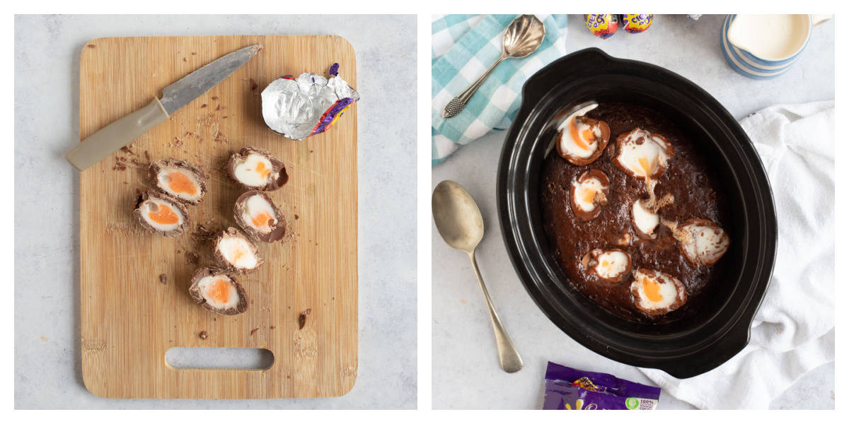 Slow cooker chocolate pudding with creme eggs on top.