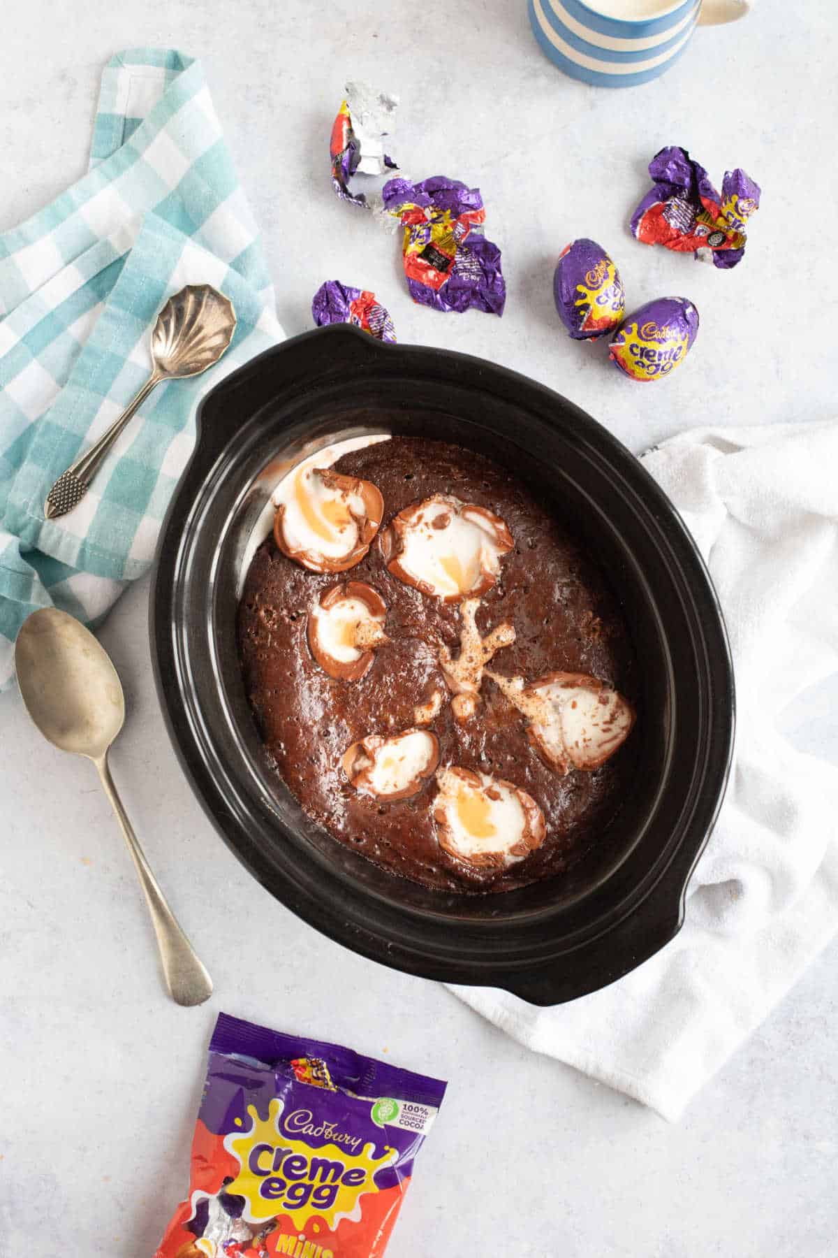 Slow cooker chocolate pudding with Cadbury creme eggs.