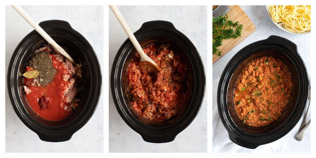 Slow cooker pork ragu in a black slow cooker basin.