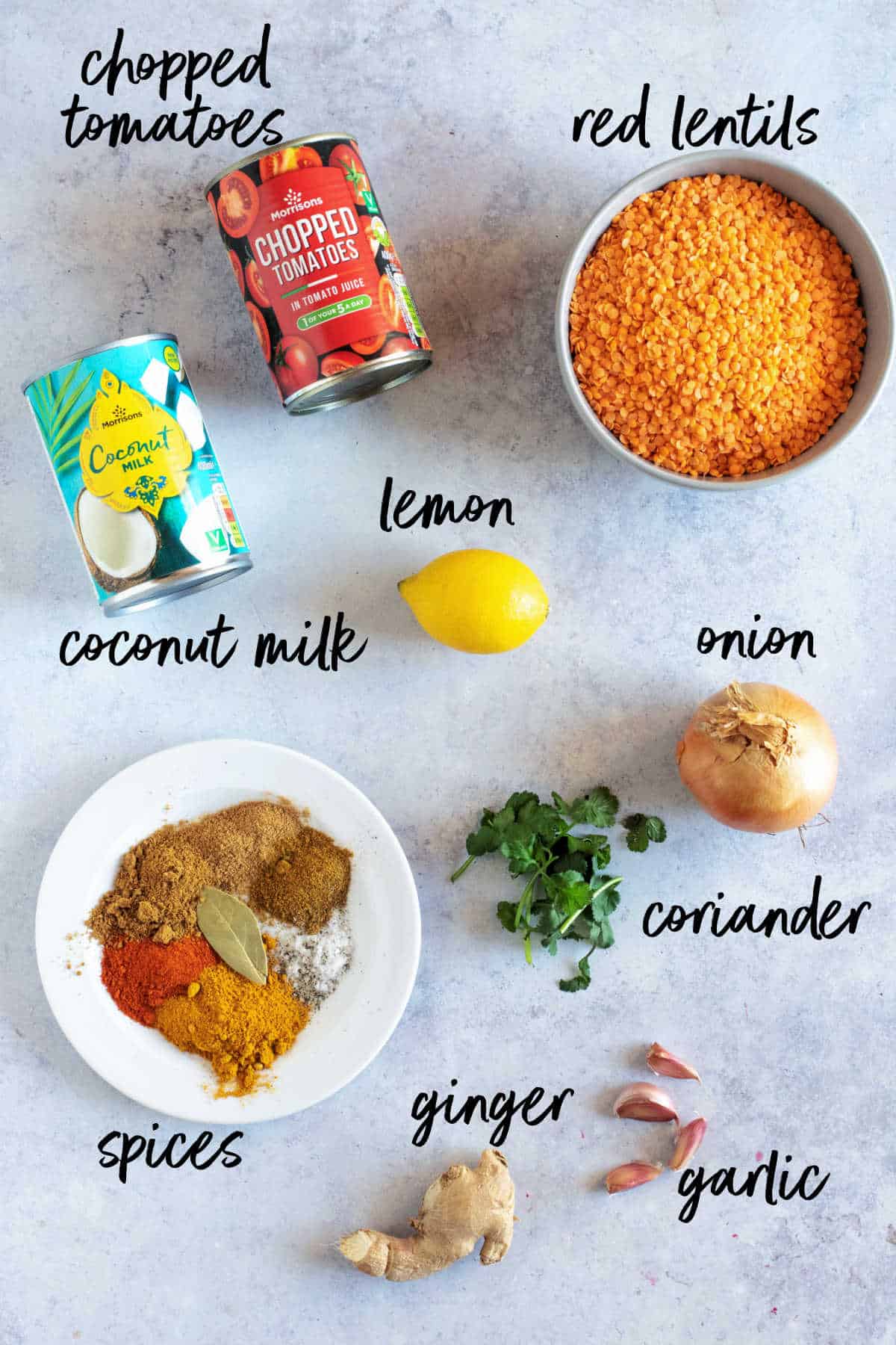 Ingredients for red lentil dal.