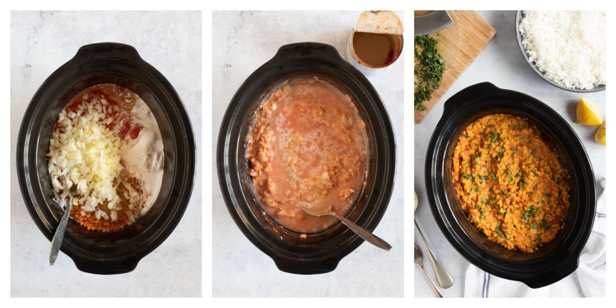 Red lentil dahl in a black slow cooker.