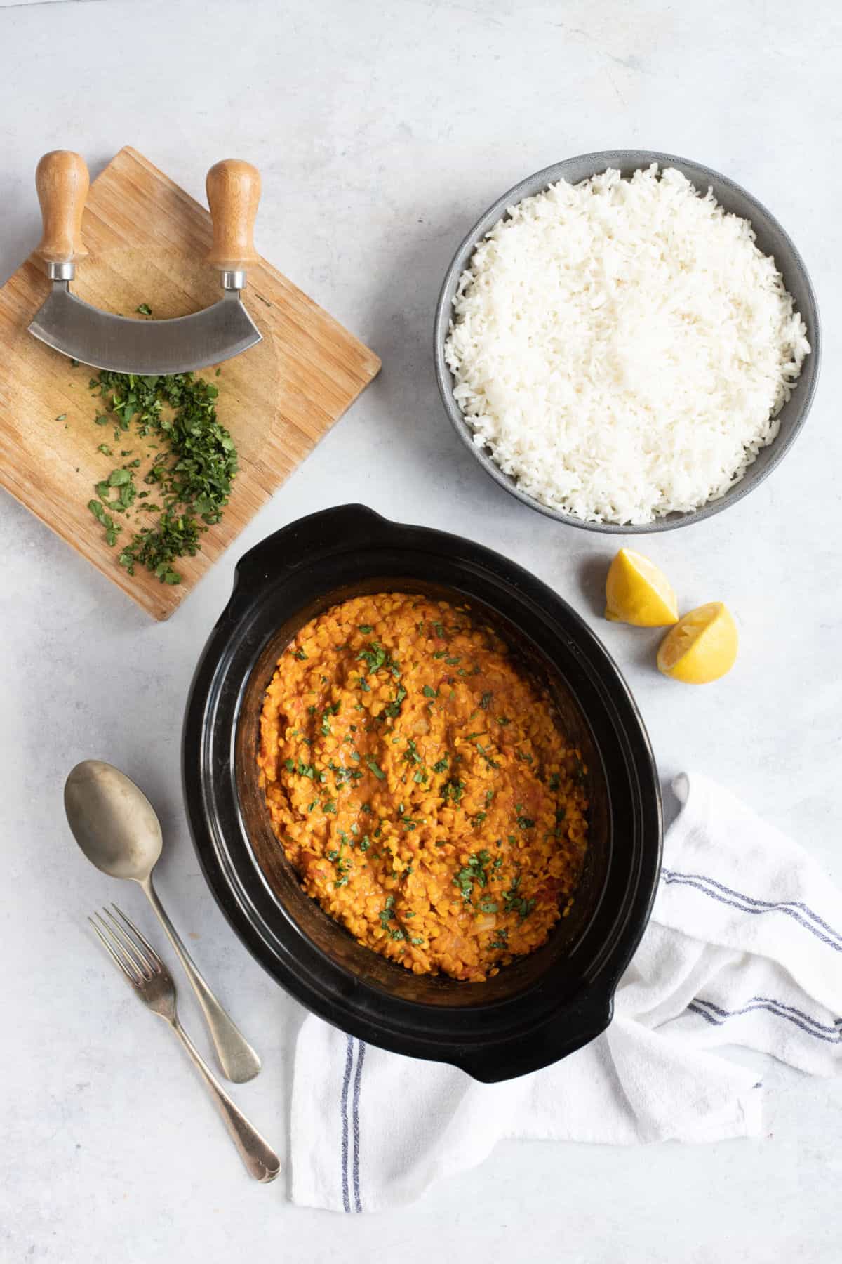 Slow cooker red lentil dahl with a side of rice and chopped coriander.