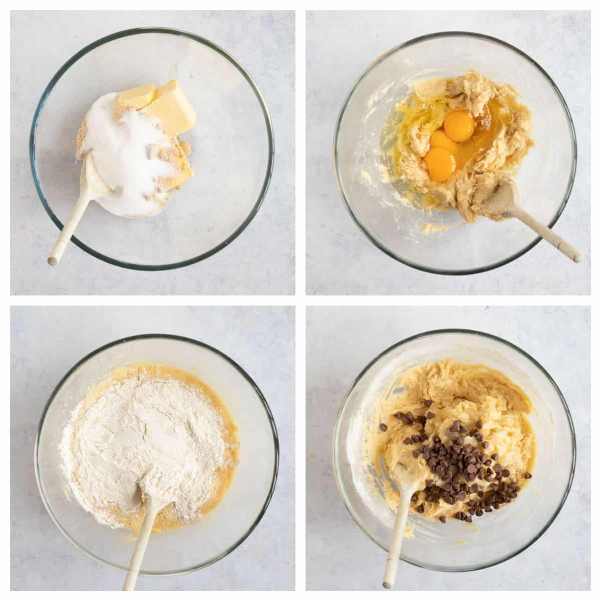 Making the banana bread batter in a mixing bowl (step by step photo instructions collage).