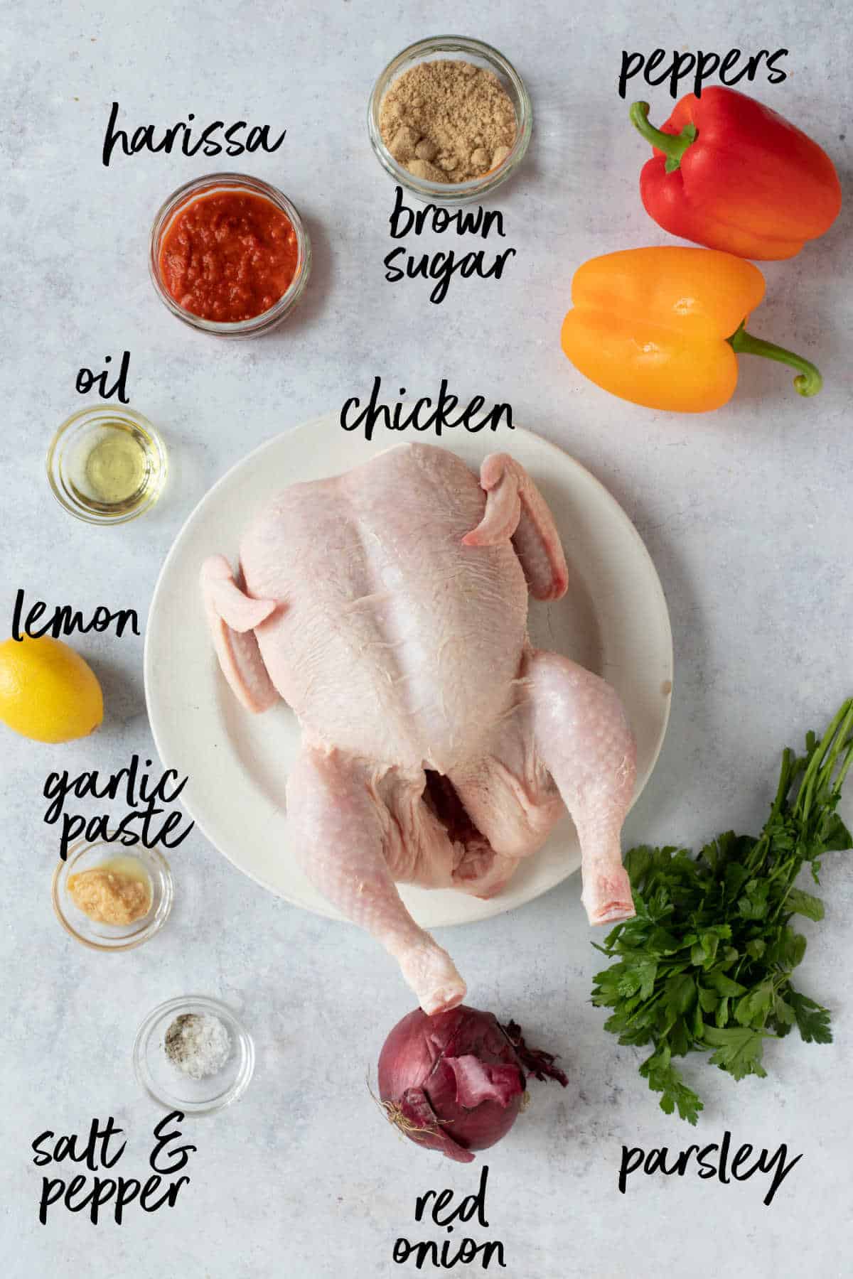 Ingredients for harissa roast chicken recipe.