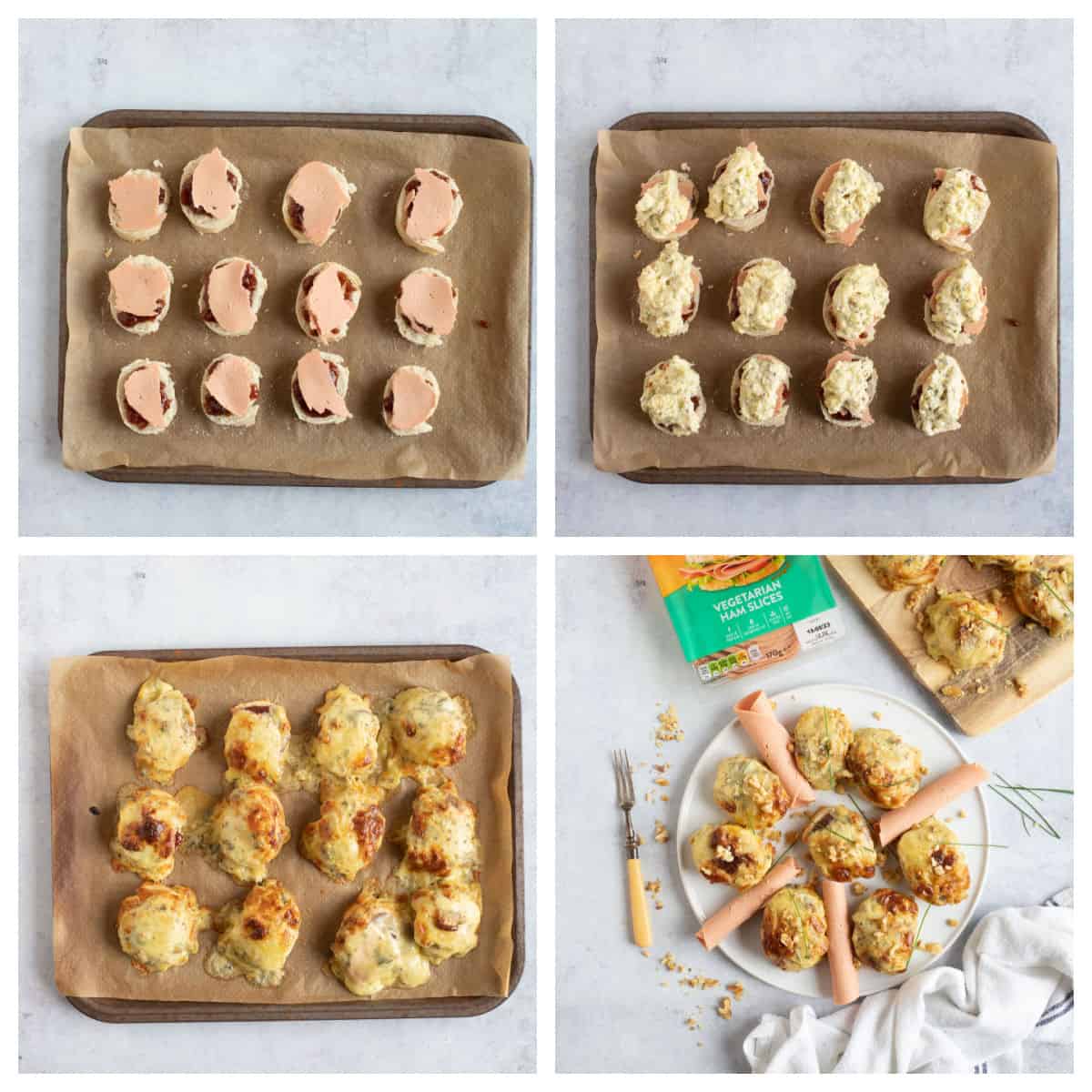 Baked Quorn ham and stilton rarebit bites on a baking tray.