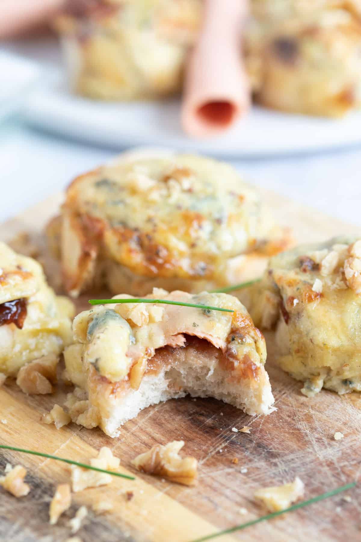 Quorn ham and stilton rarebit bites on a platter.