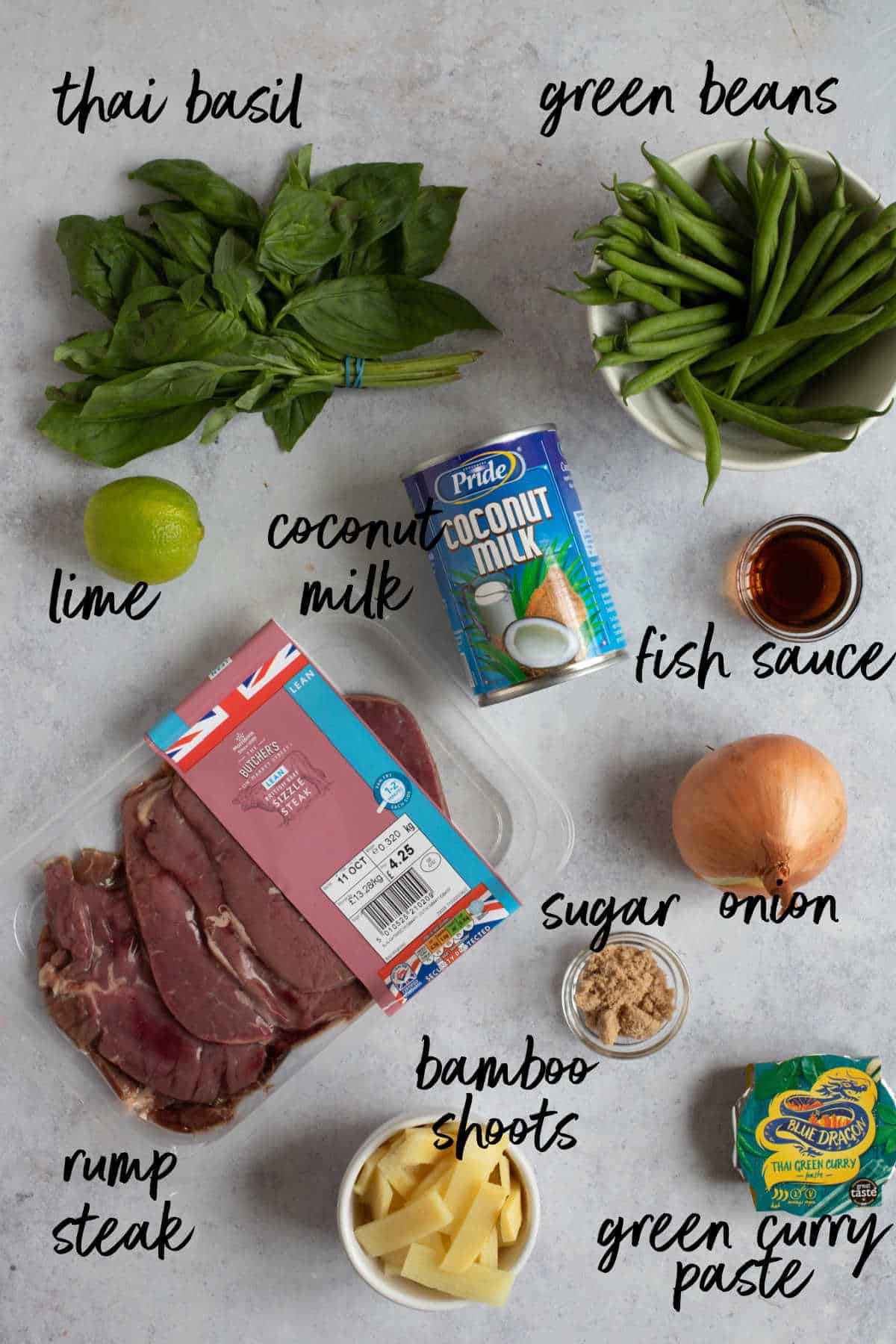Ingredients for Thai green beef curry.