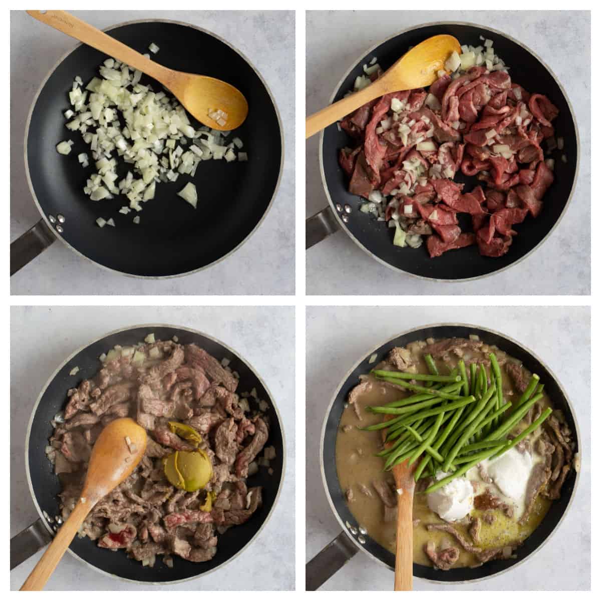 Step by step photo instruction collage for making Thai green beef curry.