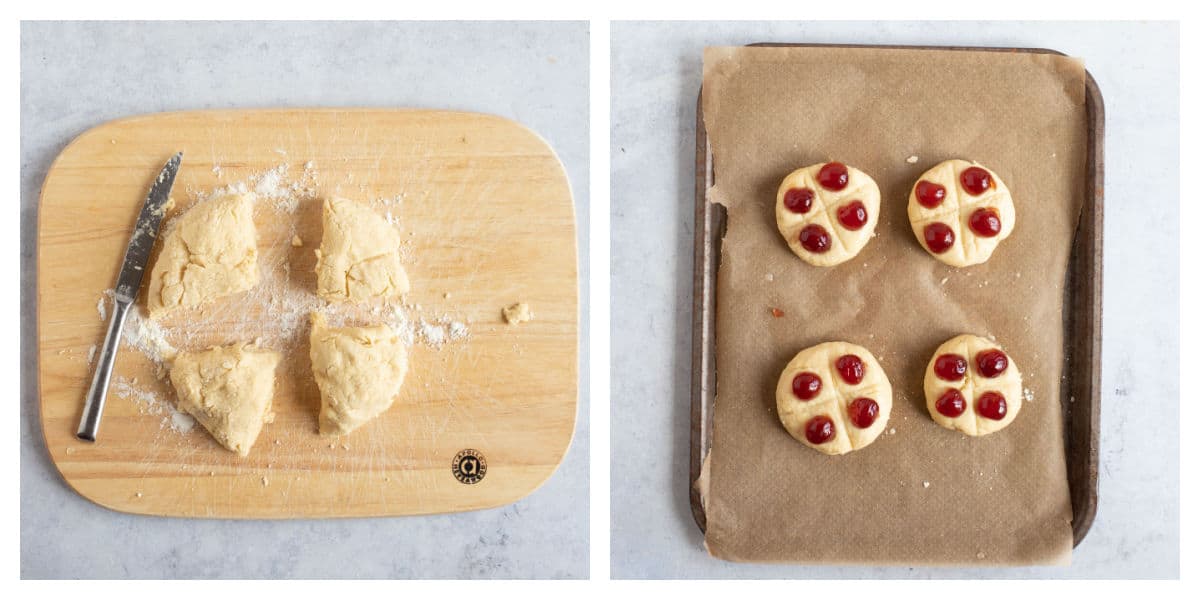 Victoria scones on a baking sheet.