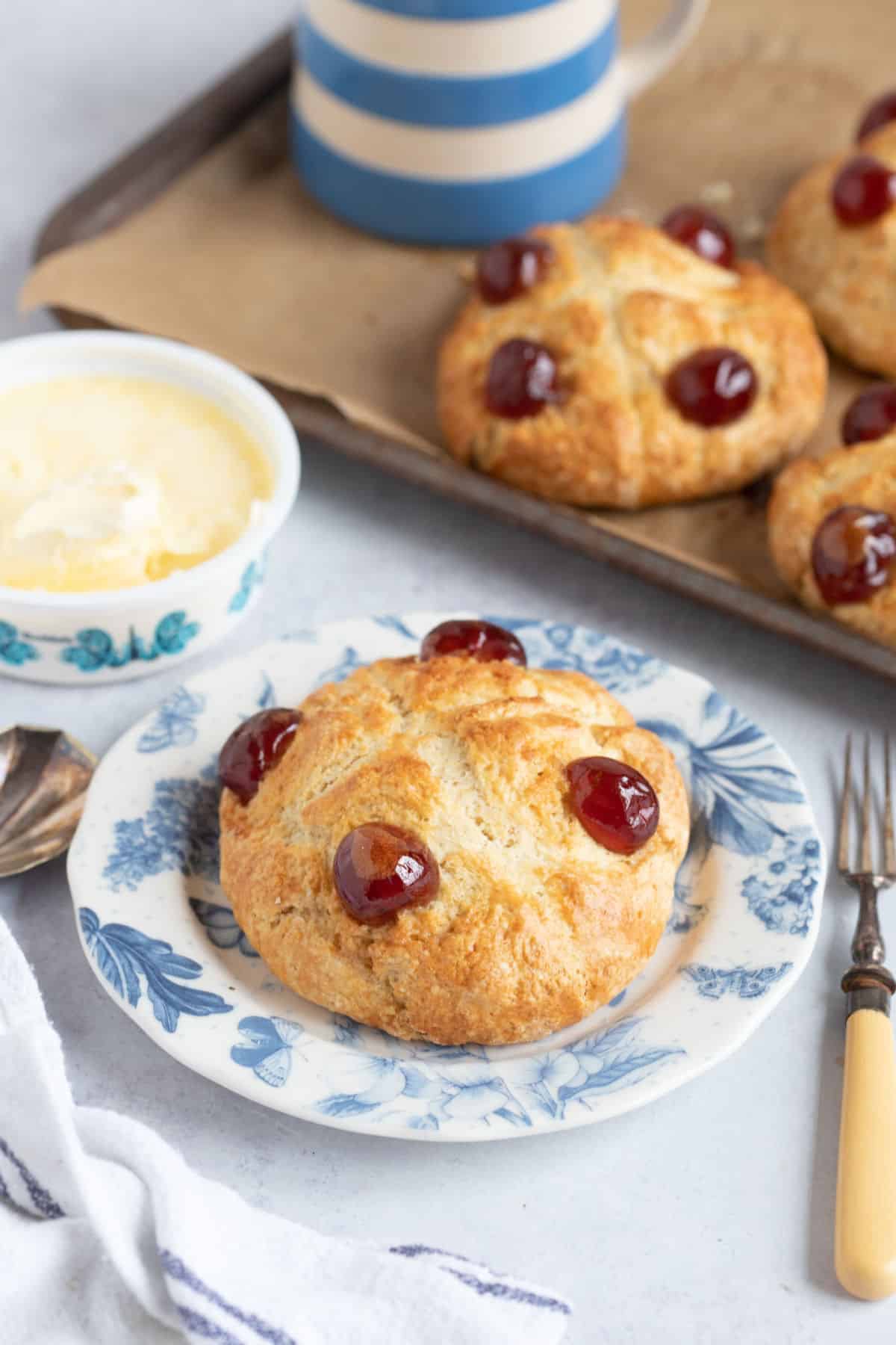 A Victoria scone on a blue and white china tea plate.