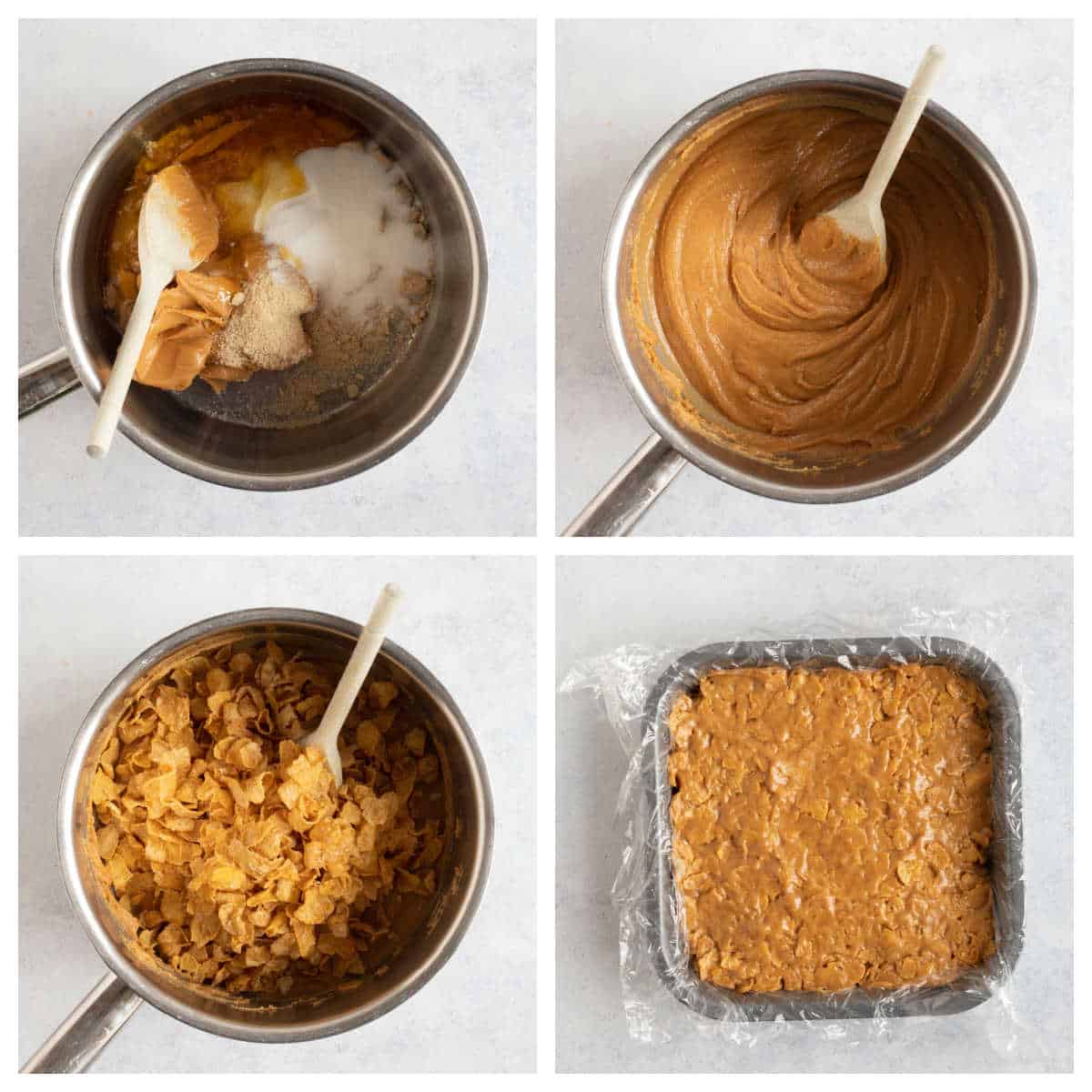 Step by step photo collage showing how to make the crunchy peanut butter base layer.