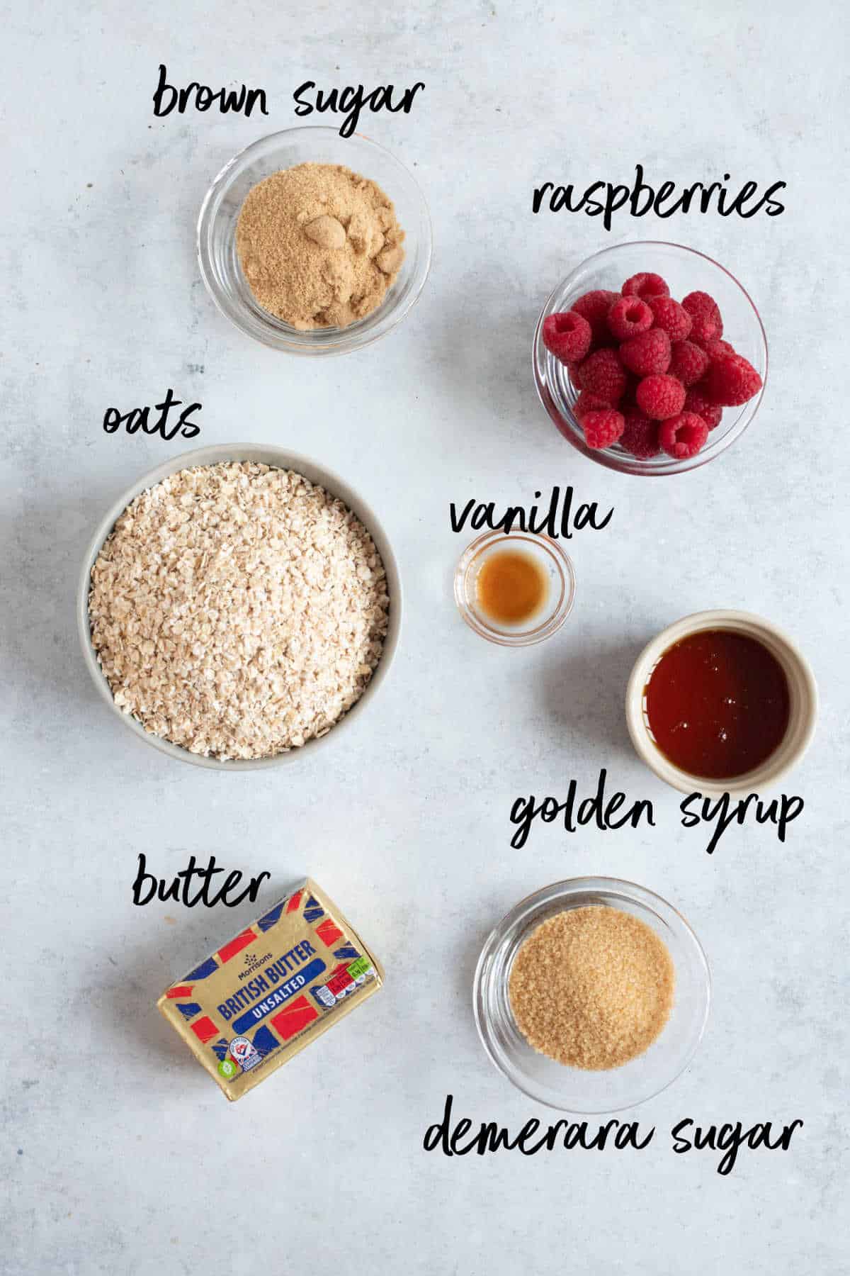 Ingredients for fresh raspberry flapjacks.