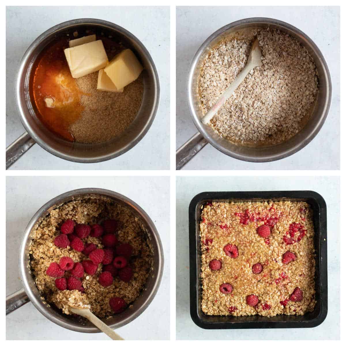 Making raspberry flapjacks step by step photos.