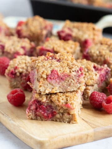 A stack of raspberry flapjacks.