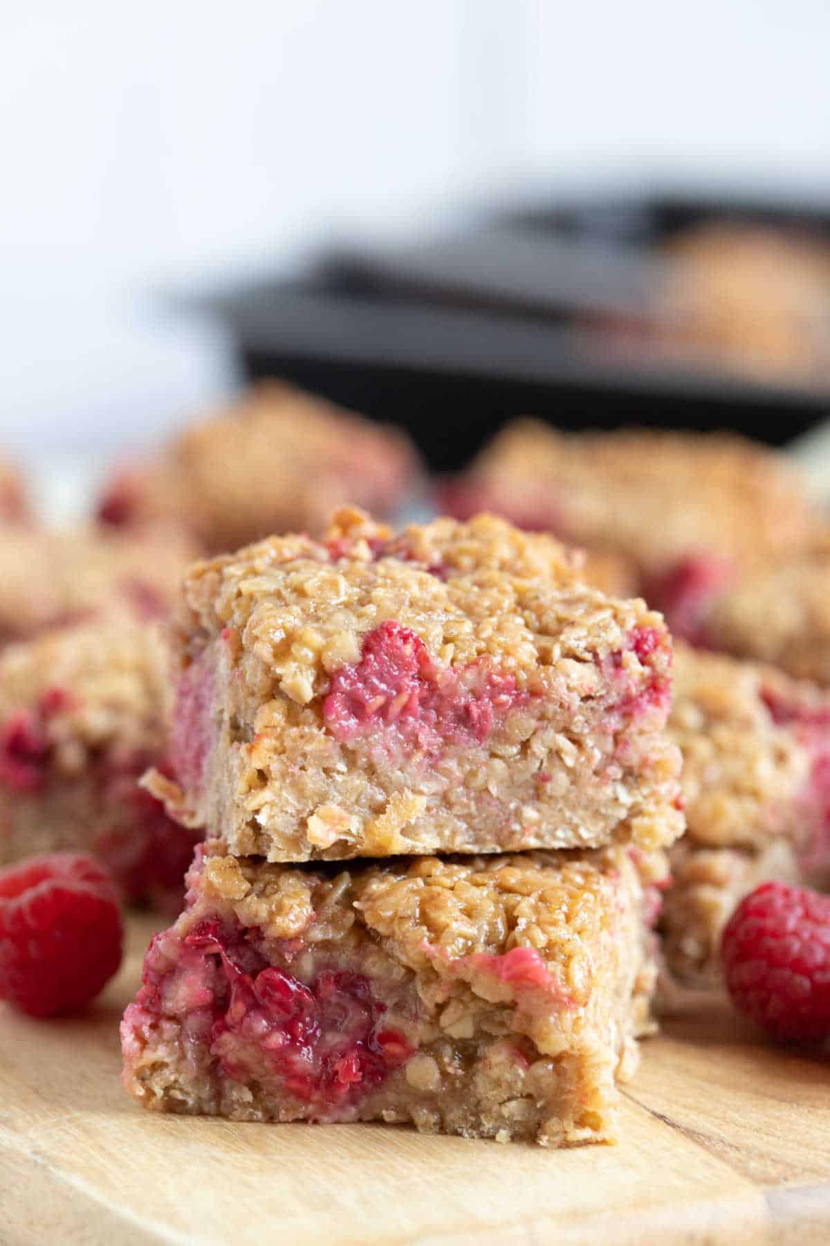 A stack of fresh raspberry flapjacks.