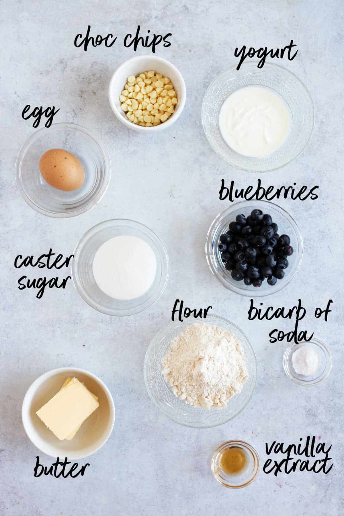 Ingredients for air fryer blueberry muffins.