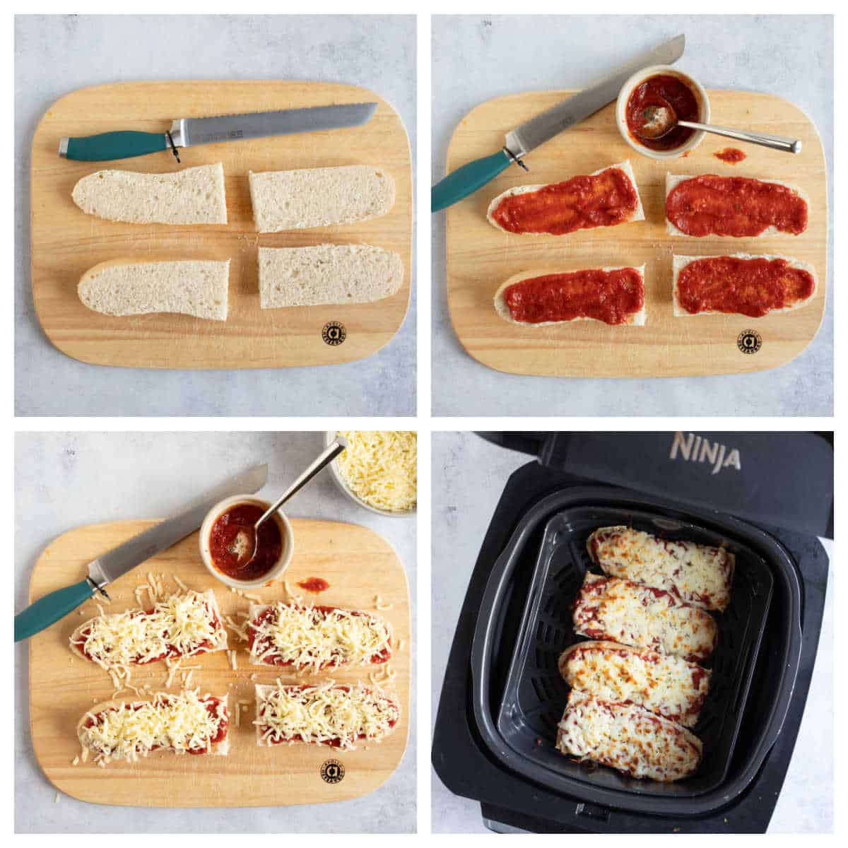 Step by step process photos for making French Bread pizza in an air fryer.