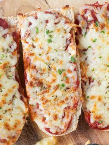 Three slices of air fryer French bread pizza.