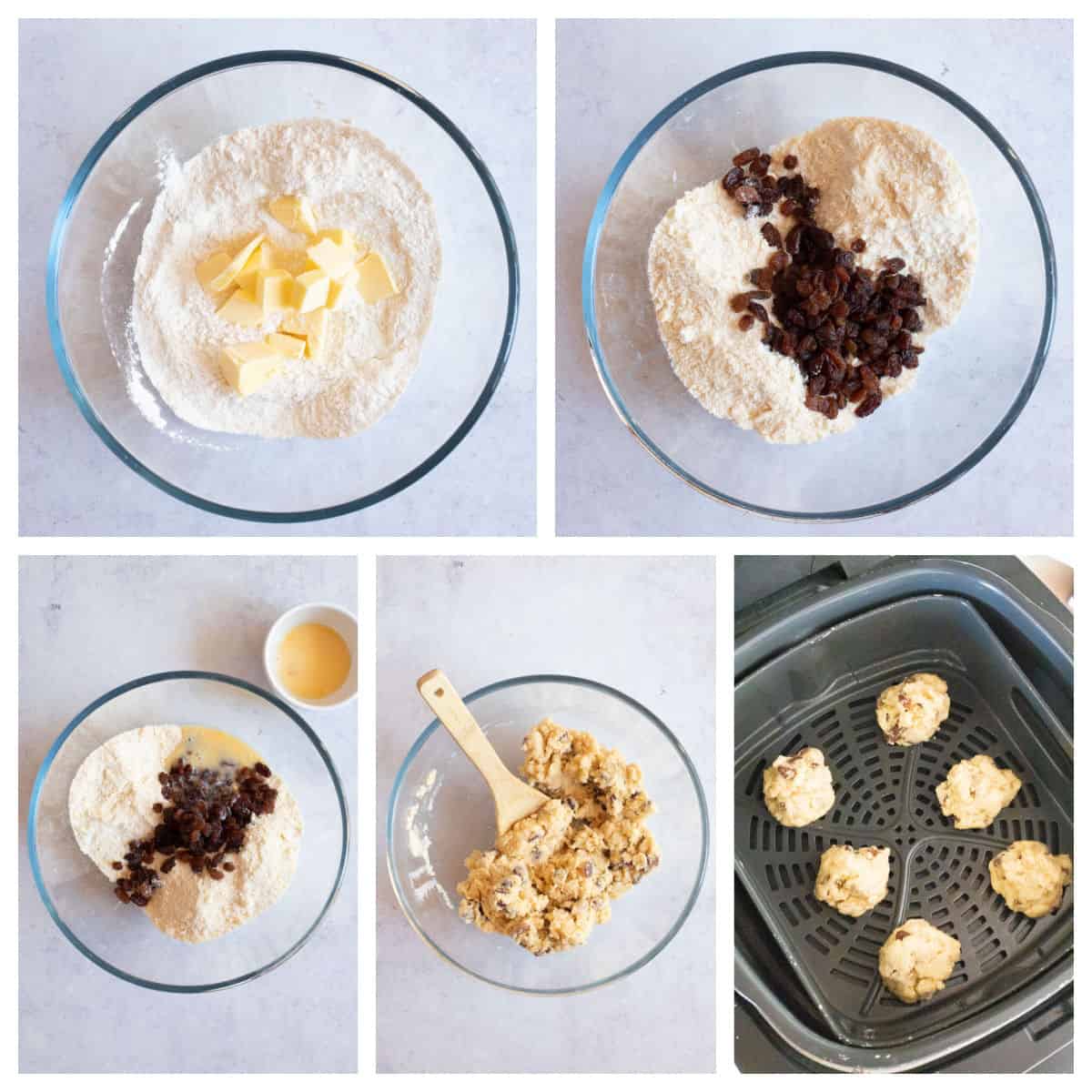 Step by step photo instructions collage for making rock cakes in air fryer.