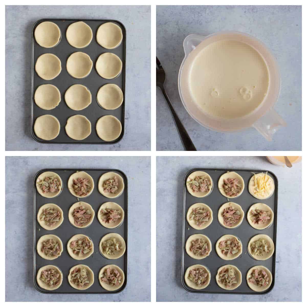 Making mini quiches in a bun tin.