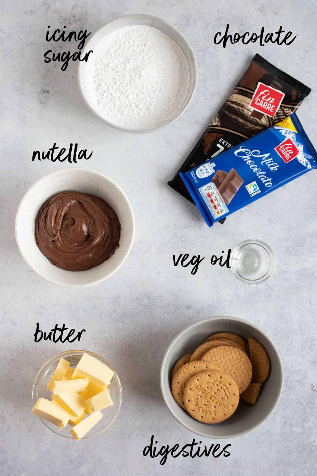 Ingredients for no bake chocolate Nutella biscuit squares.