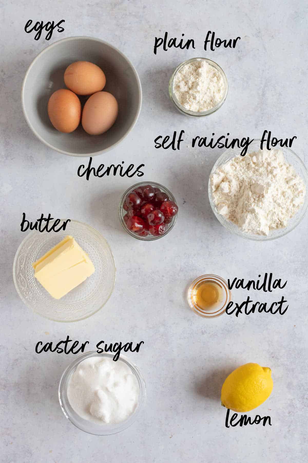 Ingredients for air fryer cherry Madeira cake.