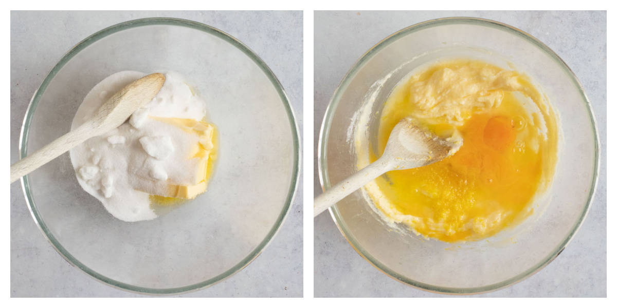 Creaming butter and sugar together in a bowl and beating in eggs for a cake.