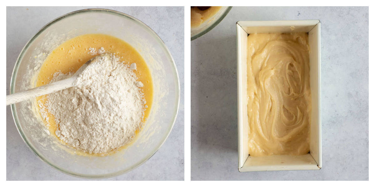 Folding flour into cake batter and spooning into a loaf tin.