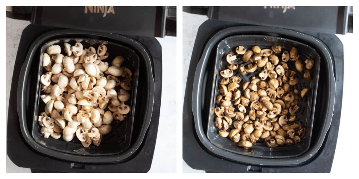Button mushrooms in a Ninja air fryer.