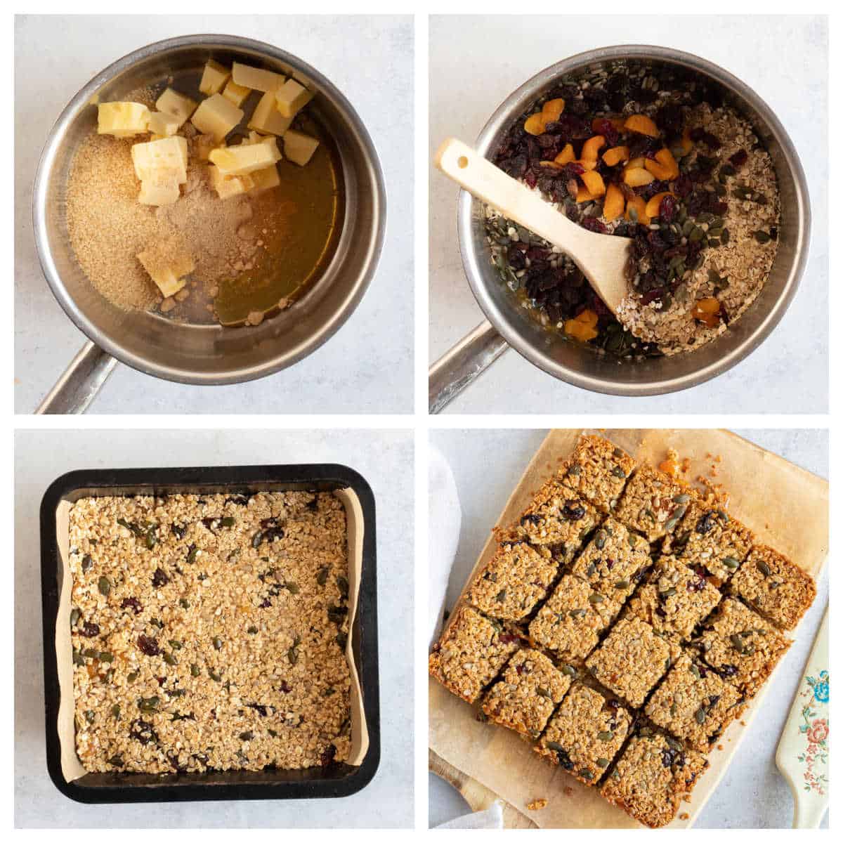 Step by step photo instruction collage for making granola bars.