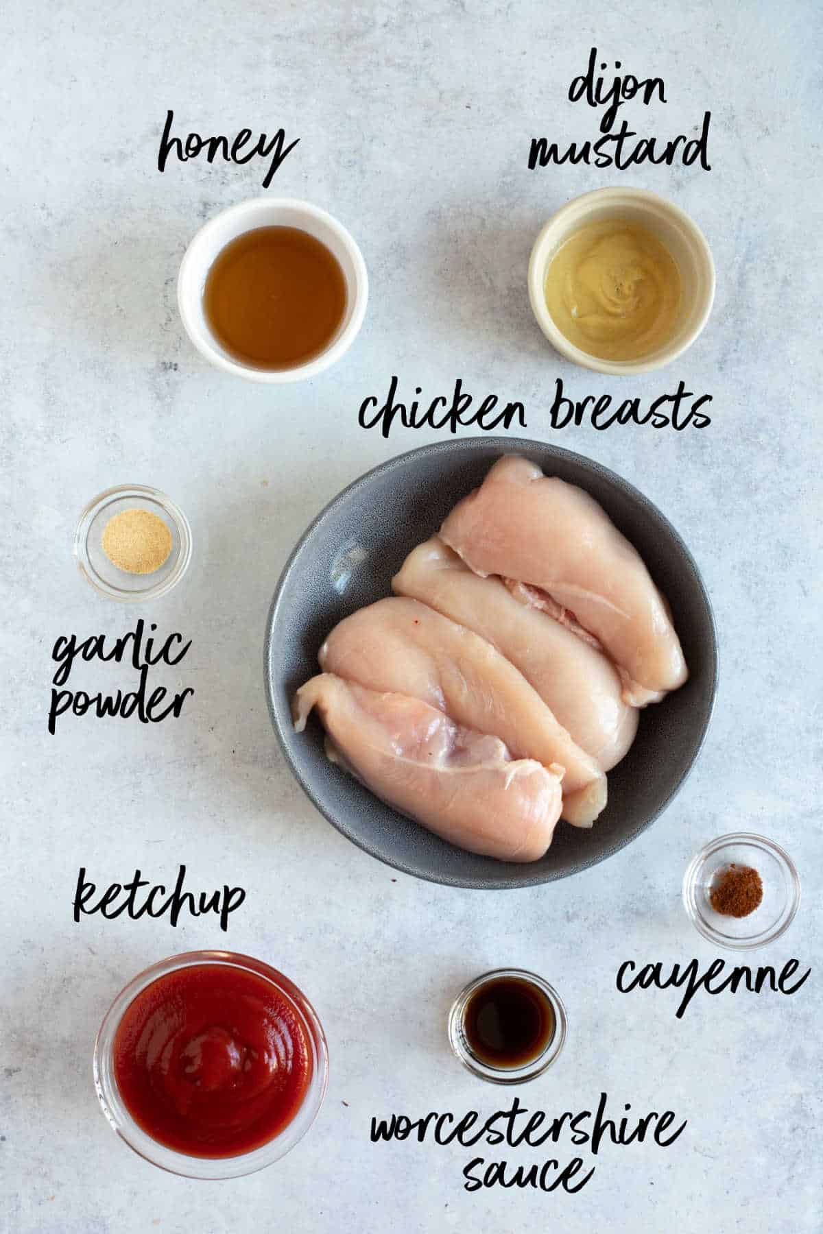 Ingredients for slow cooker bbq pulled chicken.