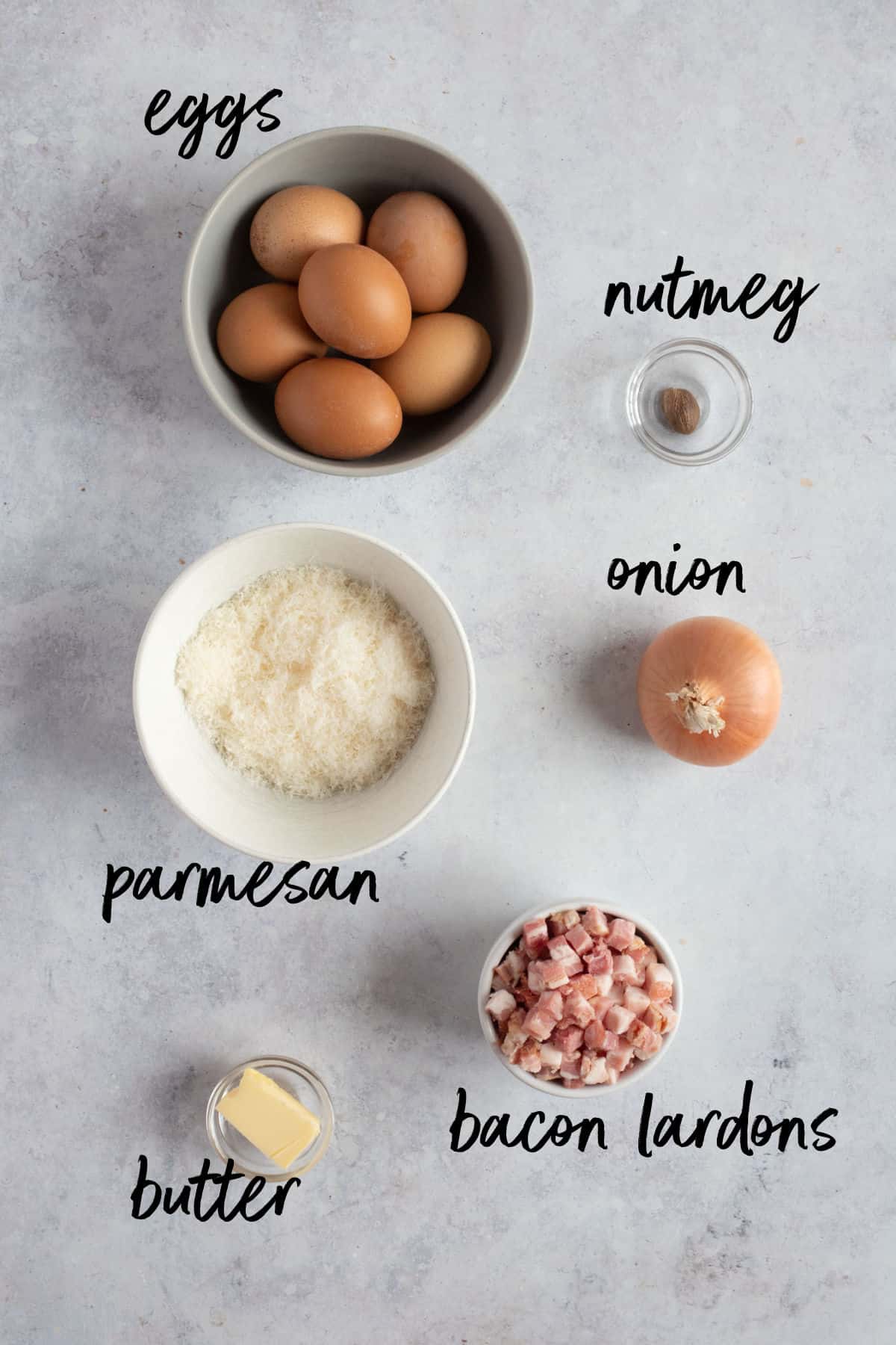 Ingredients for crustless quiche lorraine.