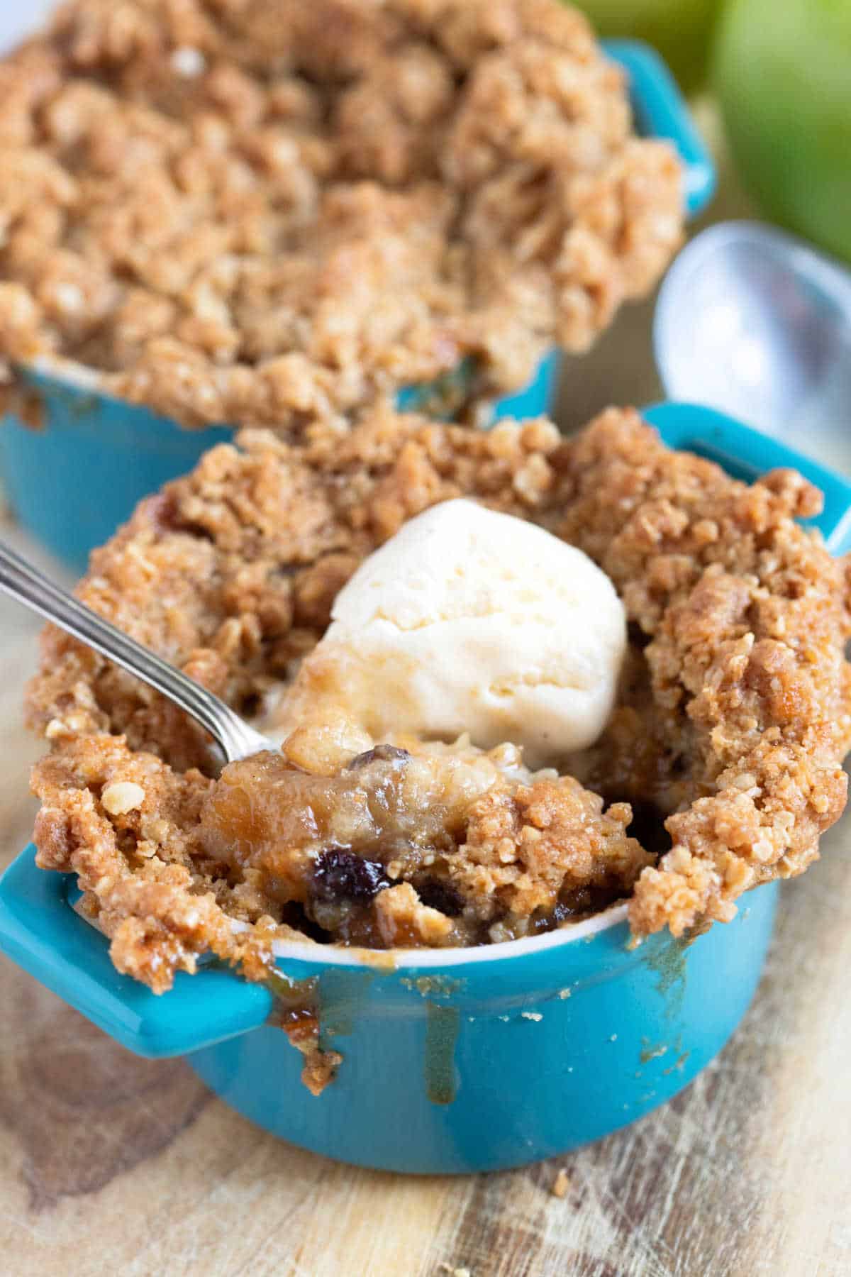 Apple and mincemeat crumble with vanilla ice cream.