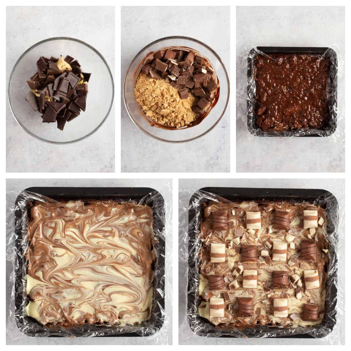Step by step photo instruction collage for making Kinder Bueno tiffin bars.