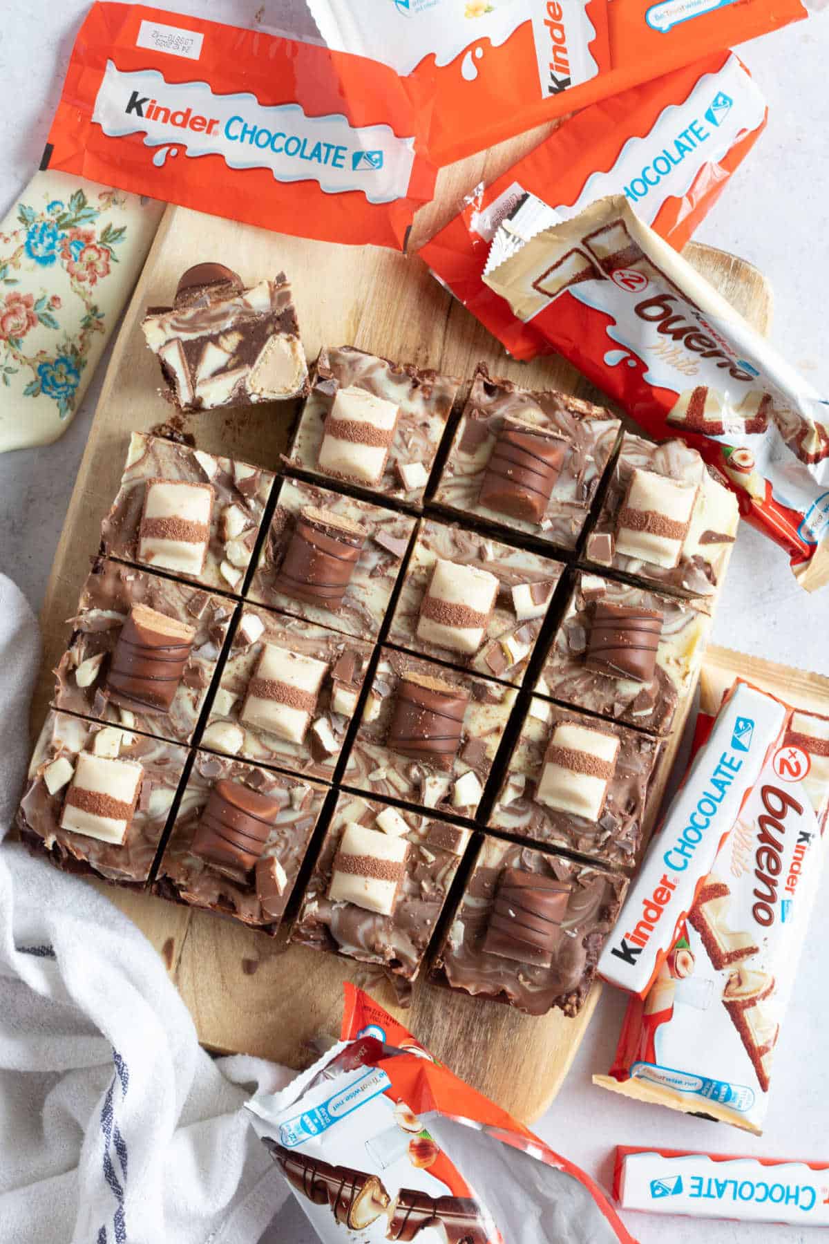 Kinder Bueno Tiffin cut into neat bars.