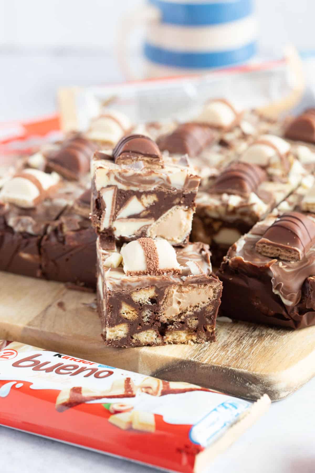 A stack of Kinder Bueno tiffin slices.