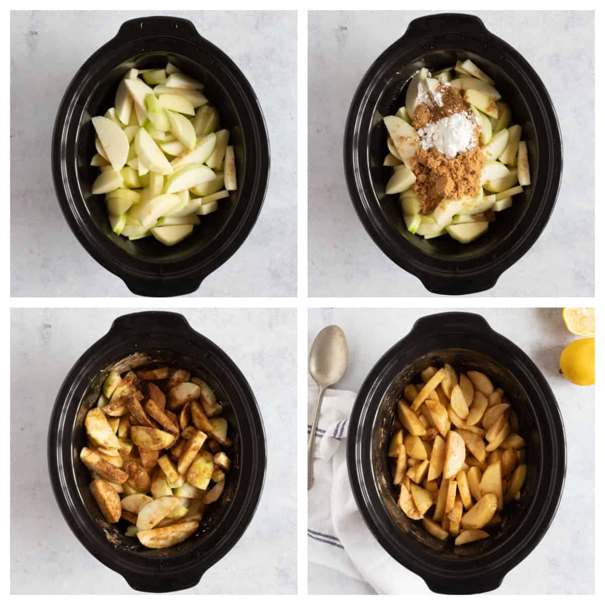 Stewed apples in a black slow cooker.