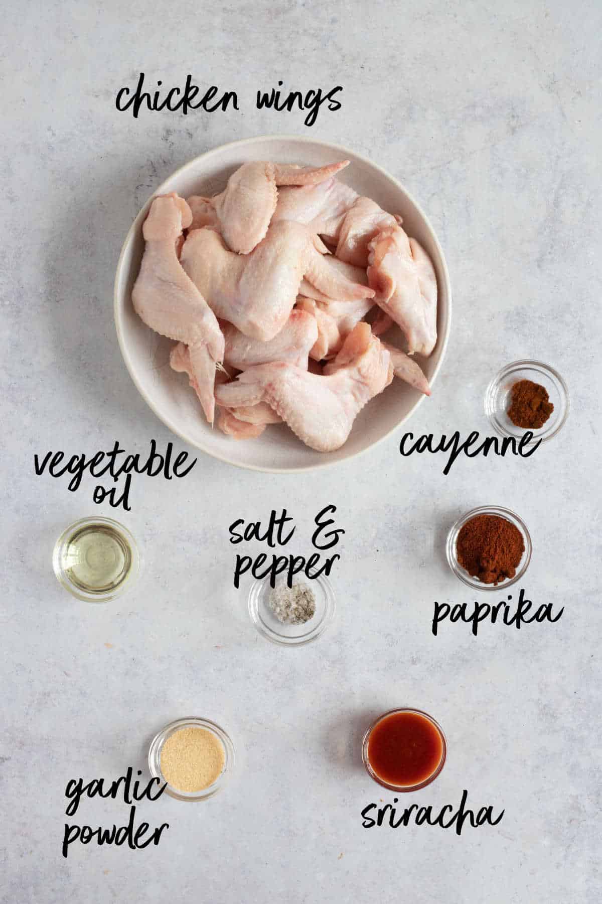 Ingredients for hot and spicy air fryer chicken wings.