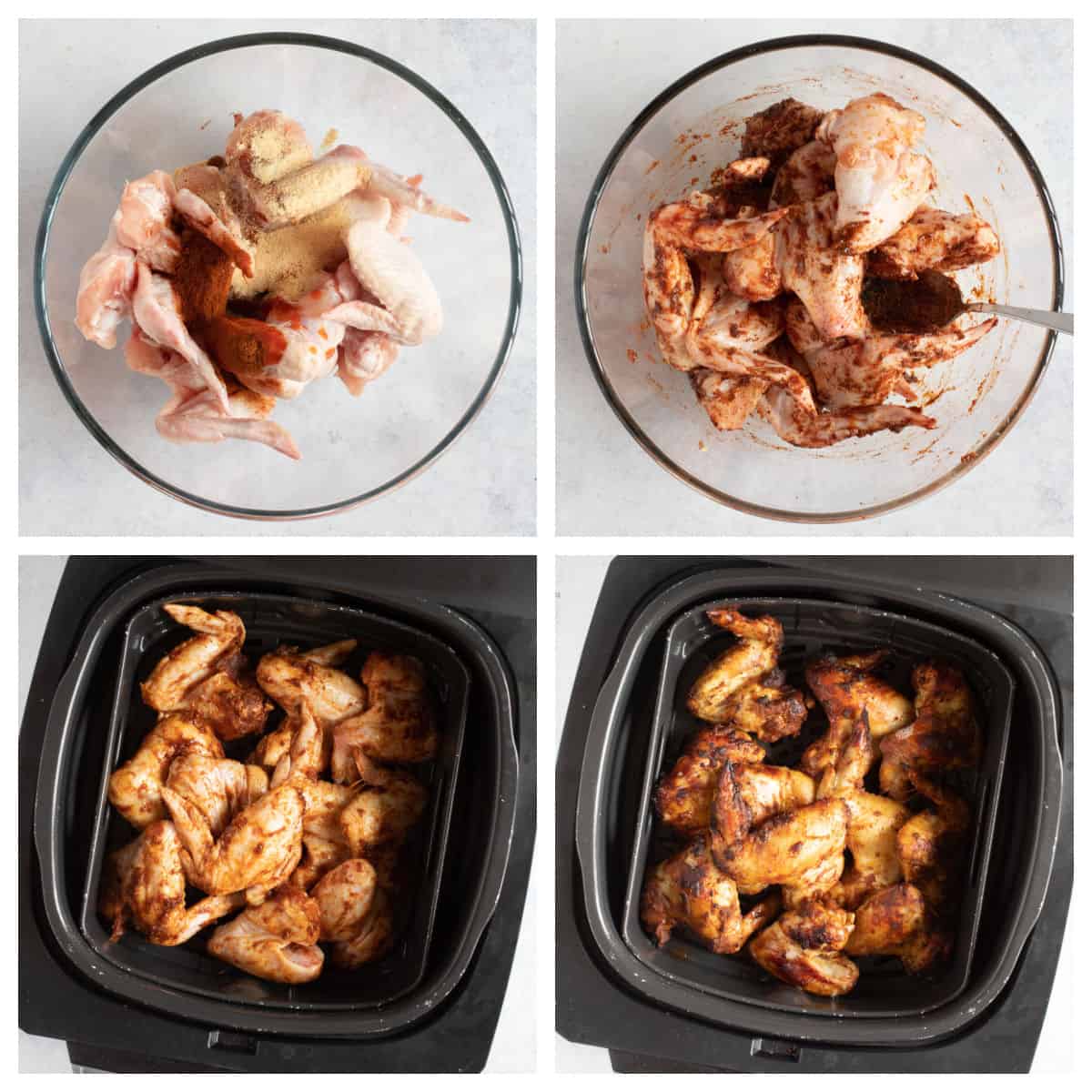 Step by step photo instruction collage for making air fryer chicken wings.