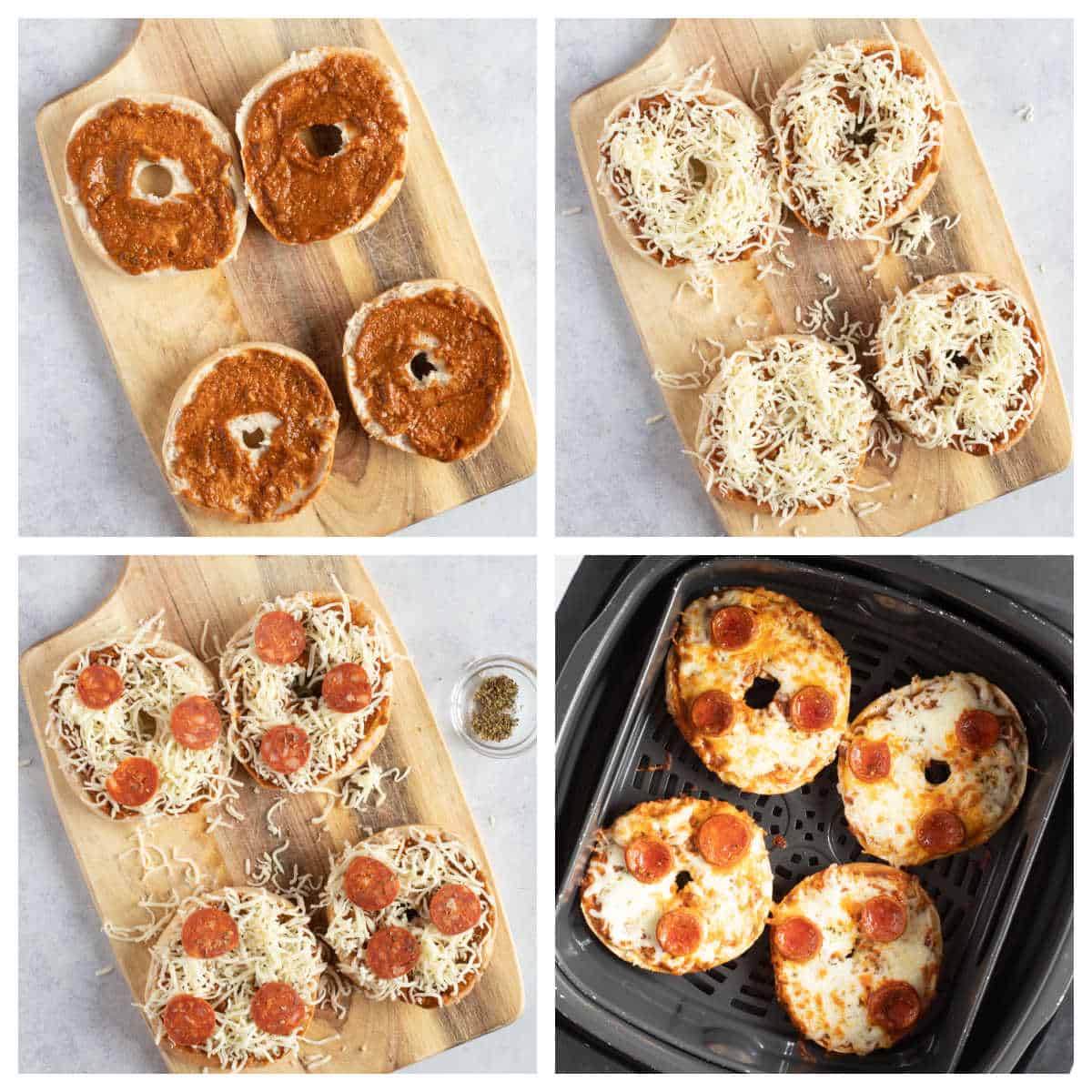 Assembling pizza bagels on a wooden board.