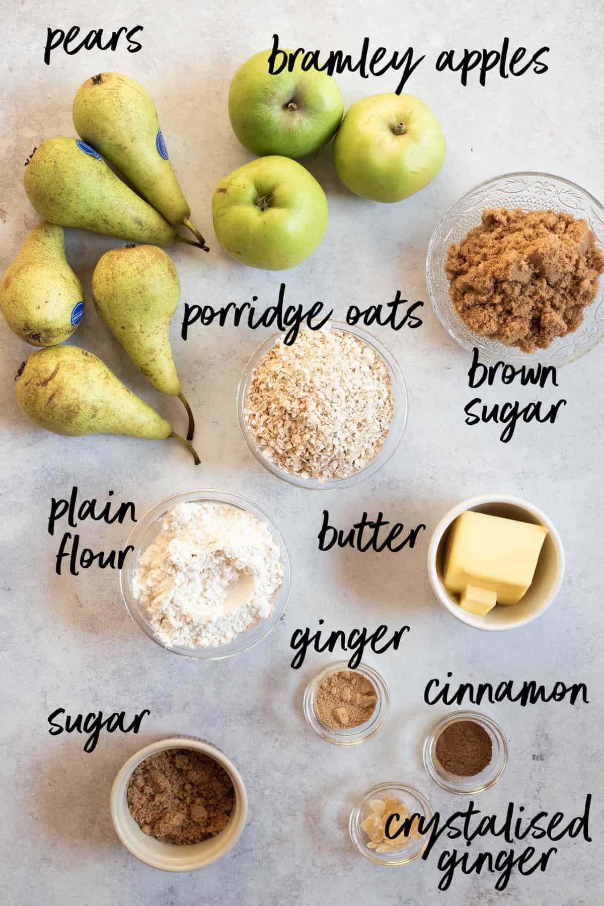 Ingredients for apple and pear crumble.