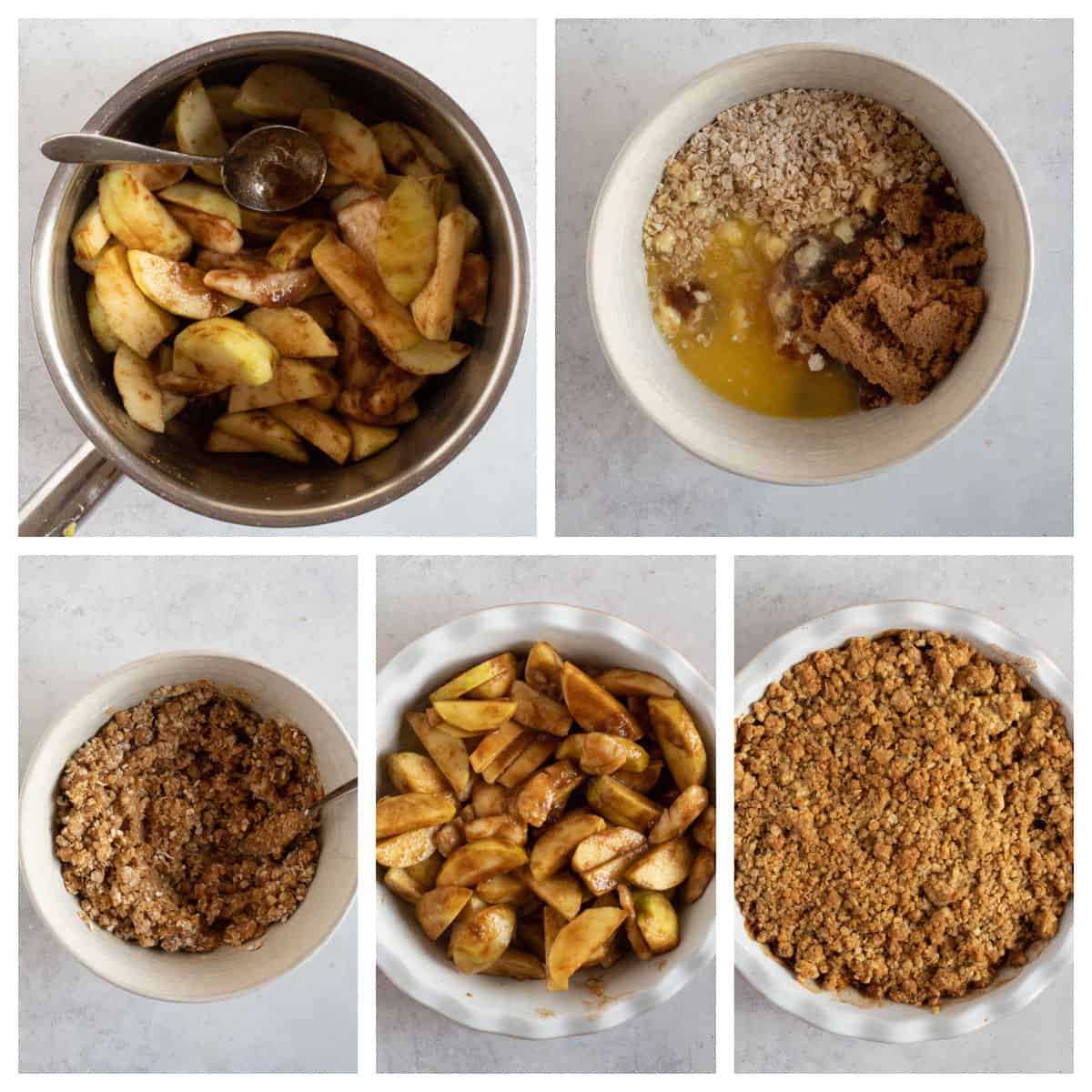 Step by step photo instruction collage for making the apple and pear crumble.
