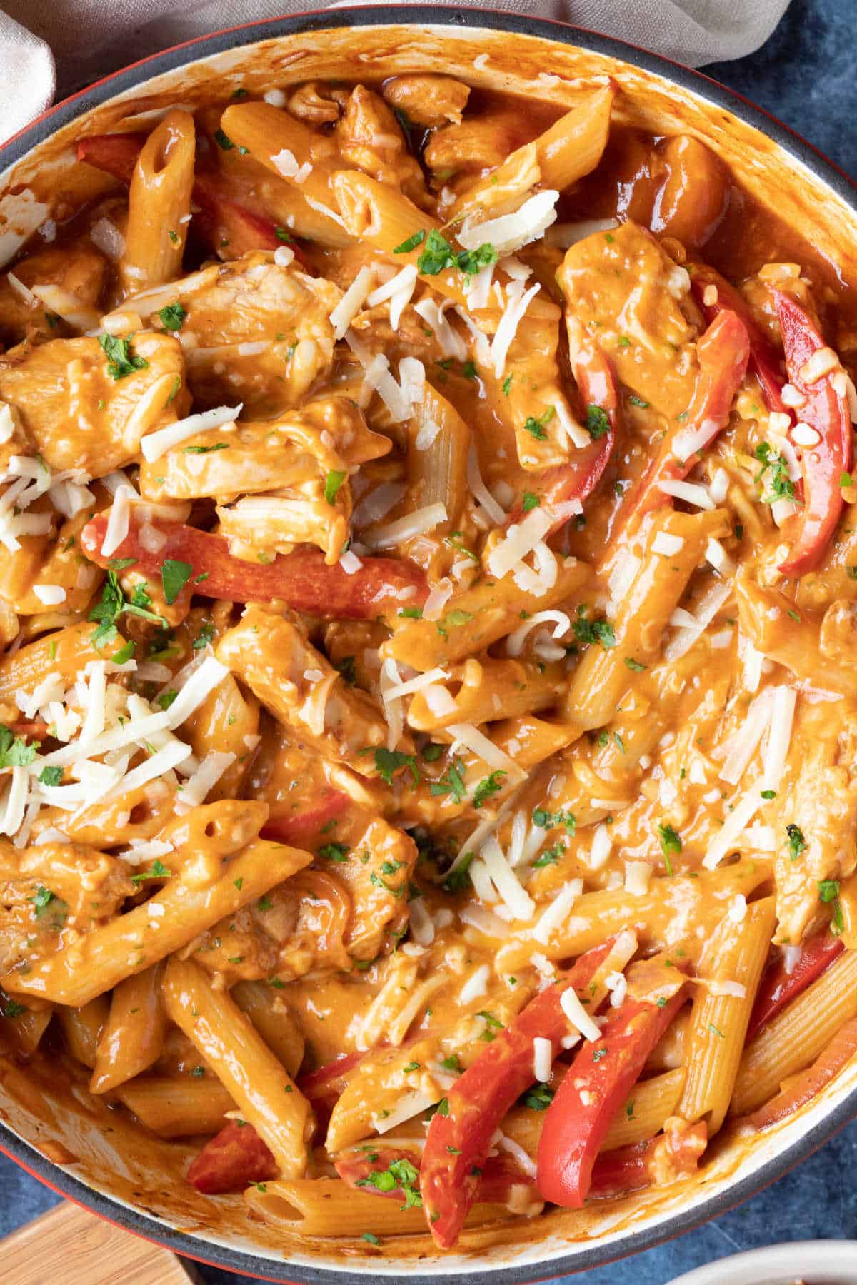 Creamy bbq chicken pasta in a shallow casserole.