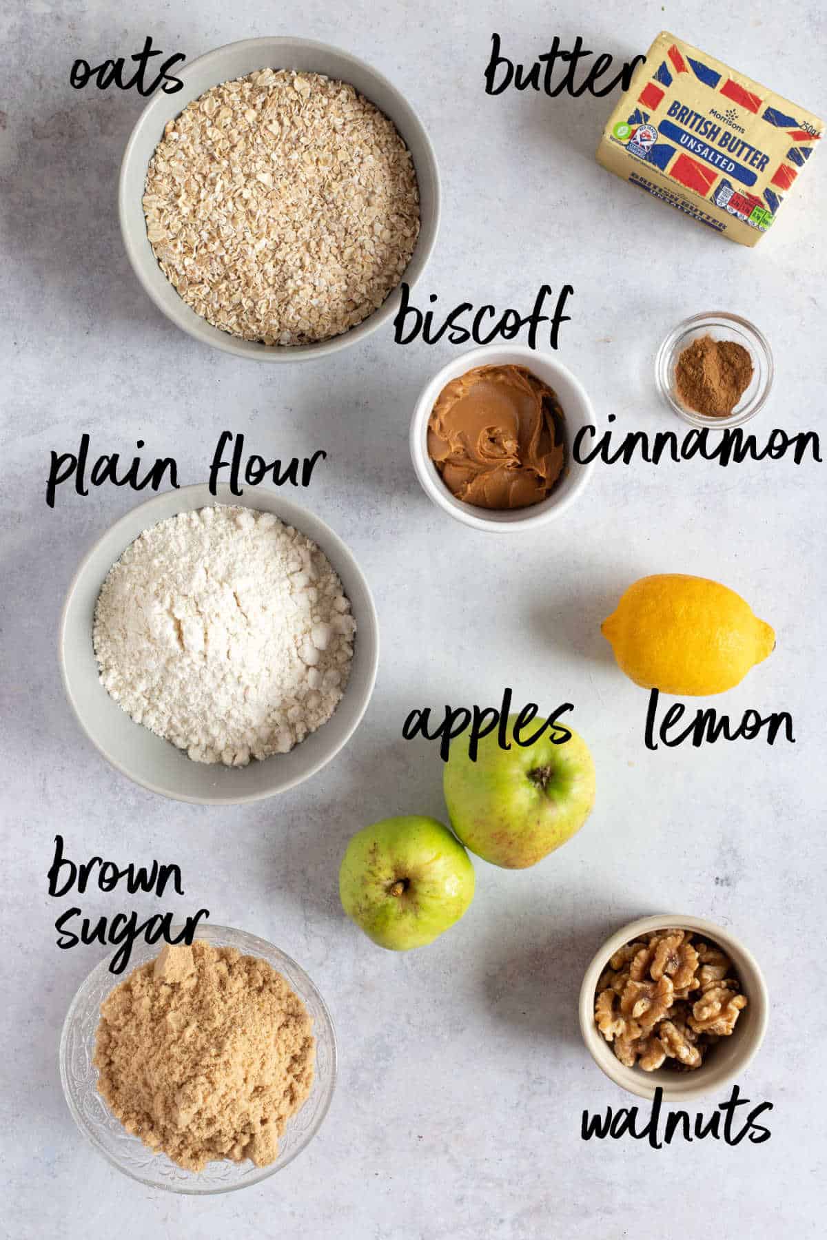 Ingredients for Biscoff apple crumble bars.