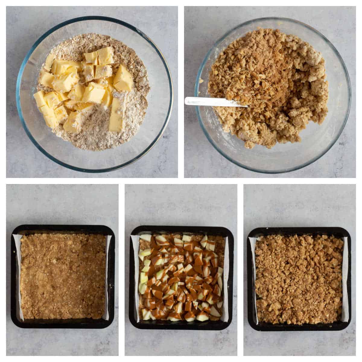 Step by step photo instruction collage for making the Biscoff apple crumble bars.