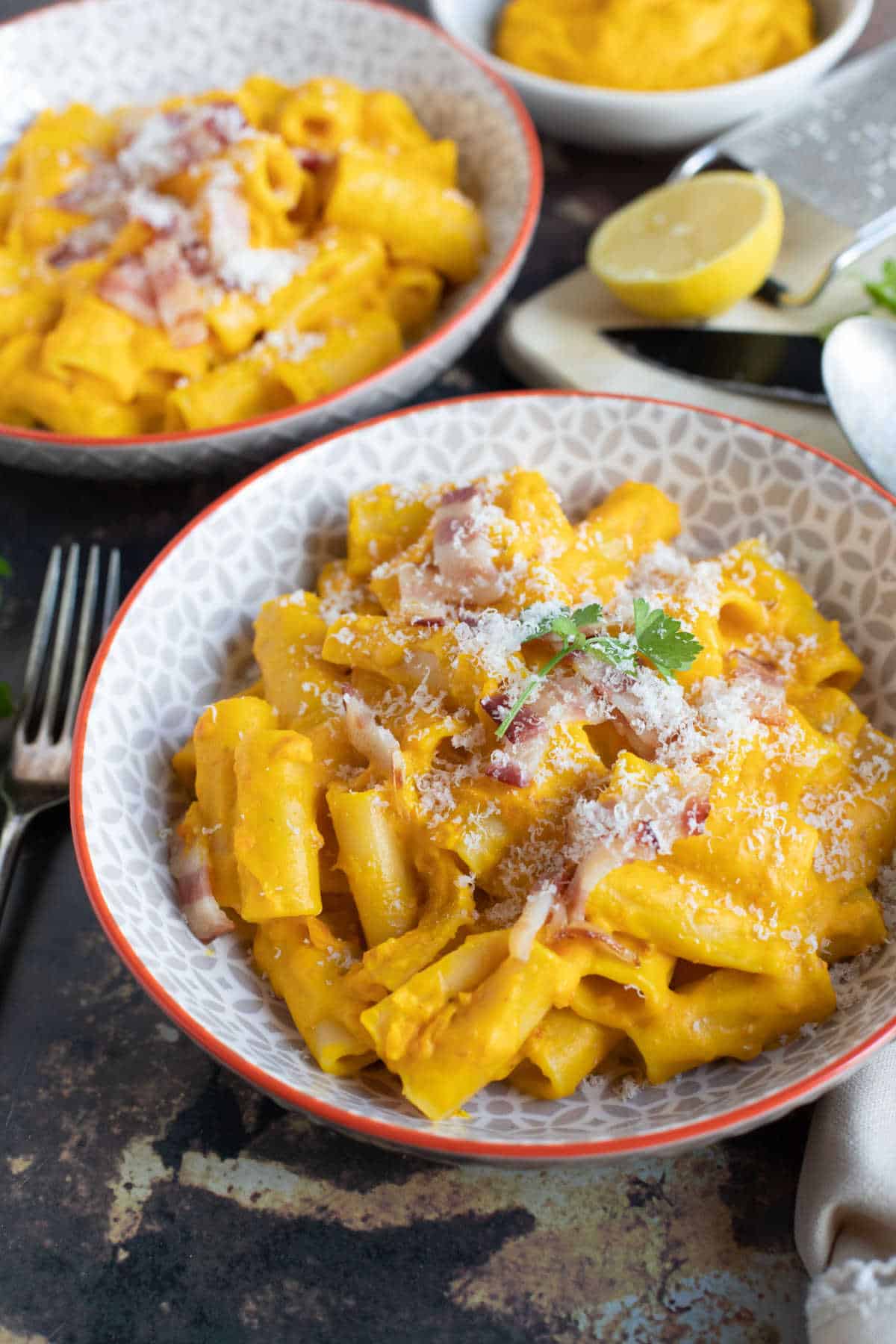 A bowl of creamy pumpkin pasta sauce.