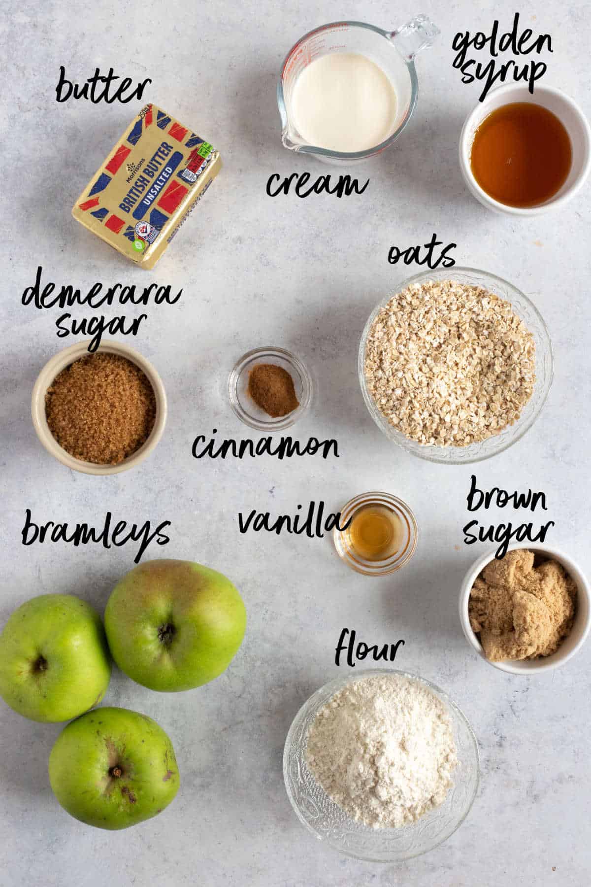 Ingredients for the toffee apple crumble.