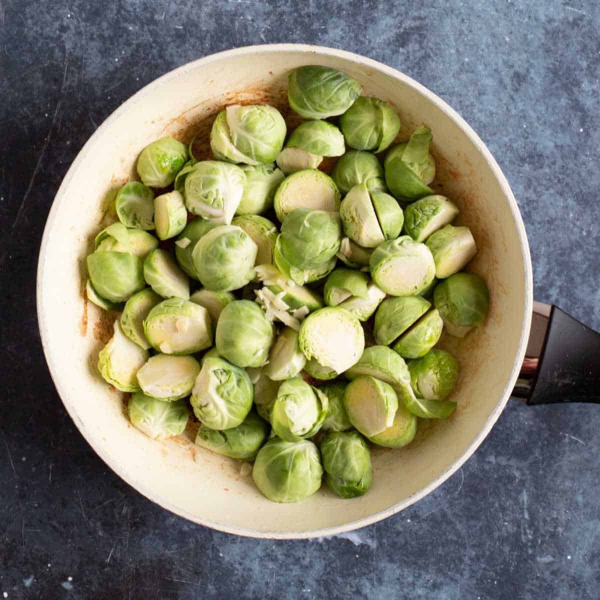 Brussels sprouts in frying pan.