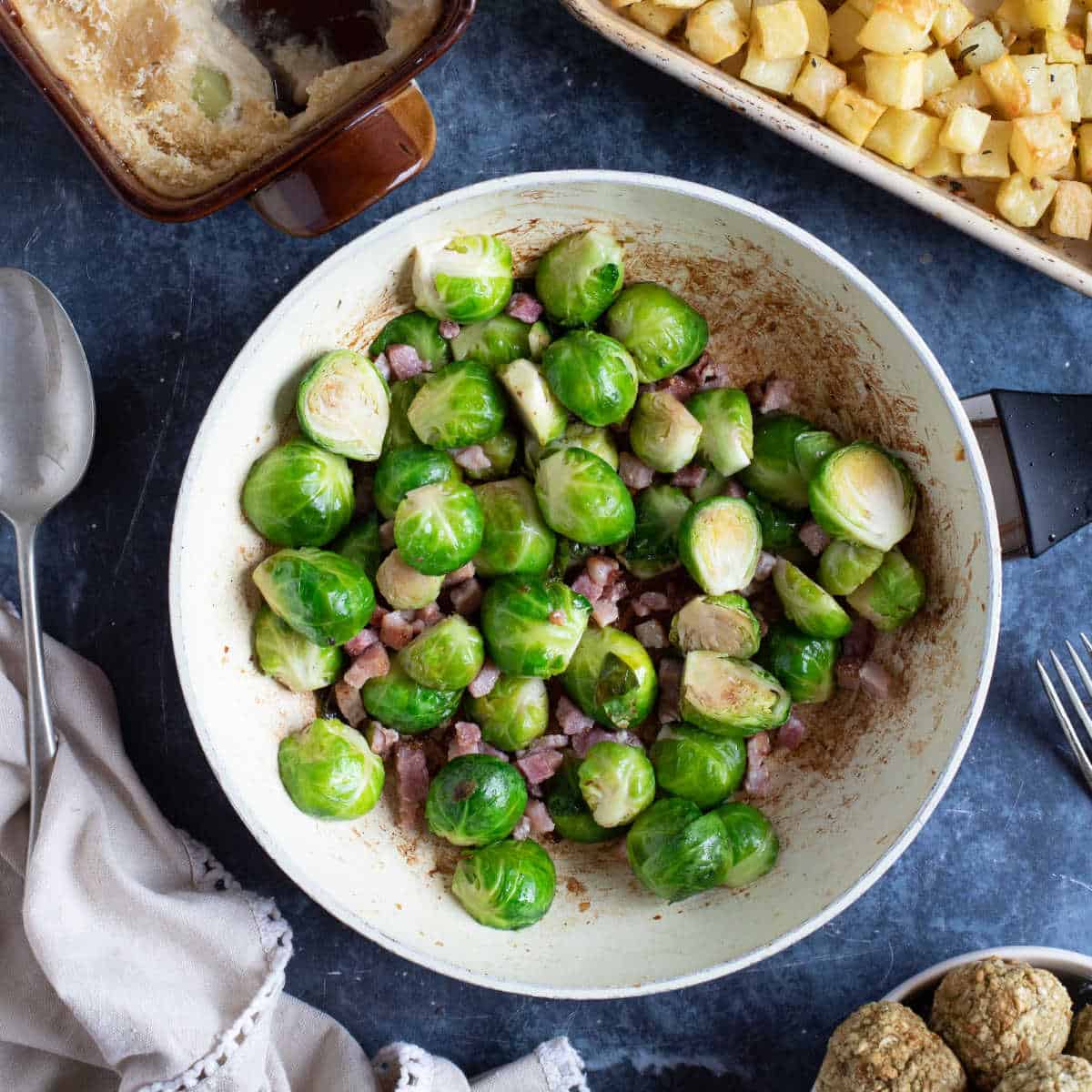 Fried sprouts with bacon.