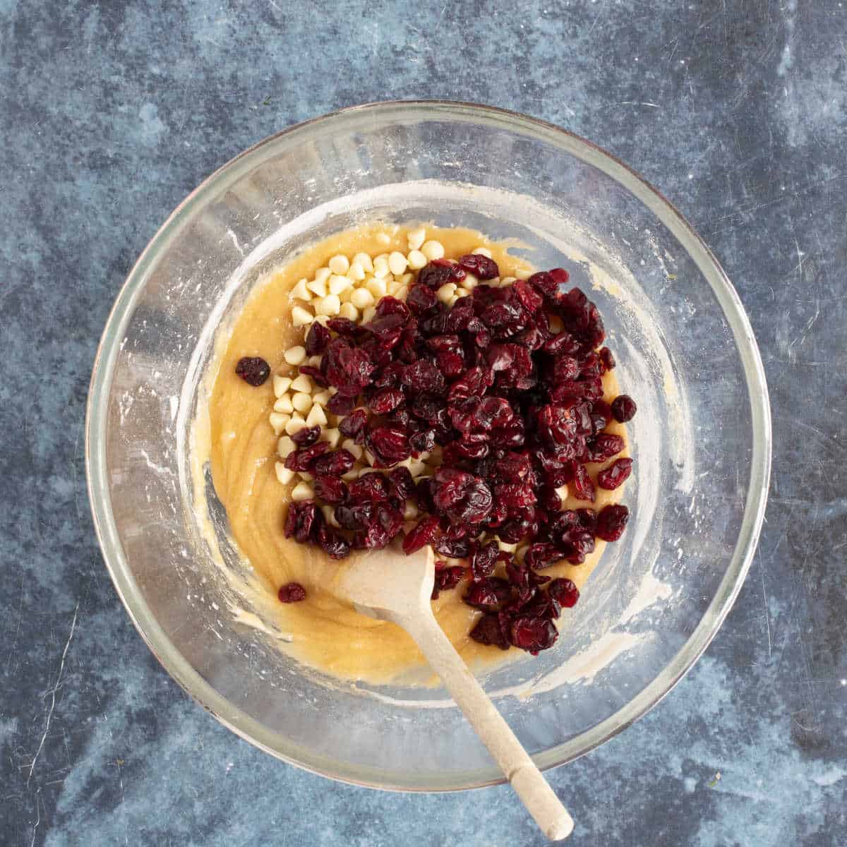 Dried cranberries and white chocolate chips added to the blondie batter.